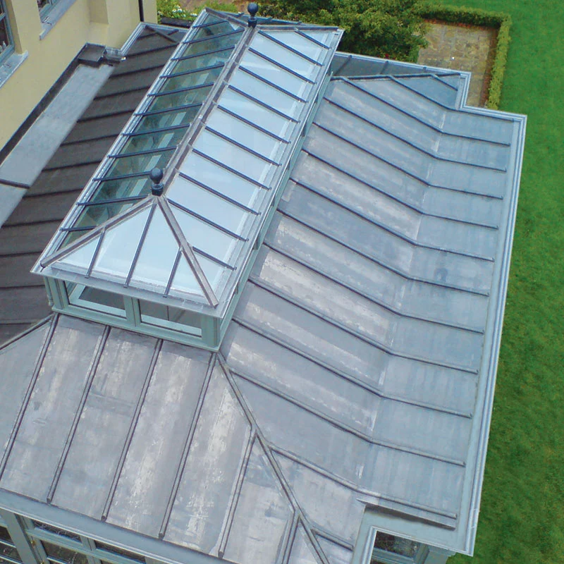 close up of lead roof with additional glass roof lantern