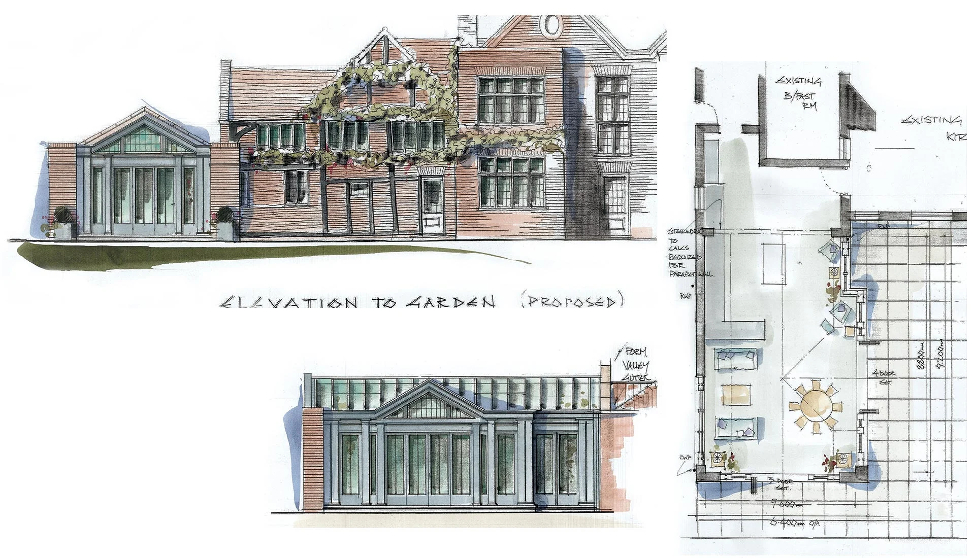Watercolour of contemporary conservatory extension