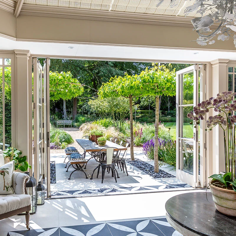 Folding doors to outside dining area