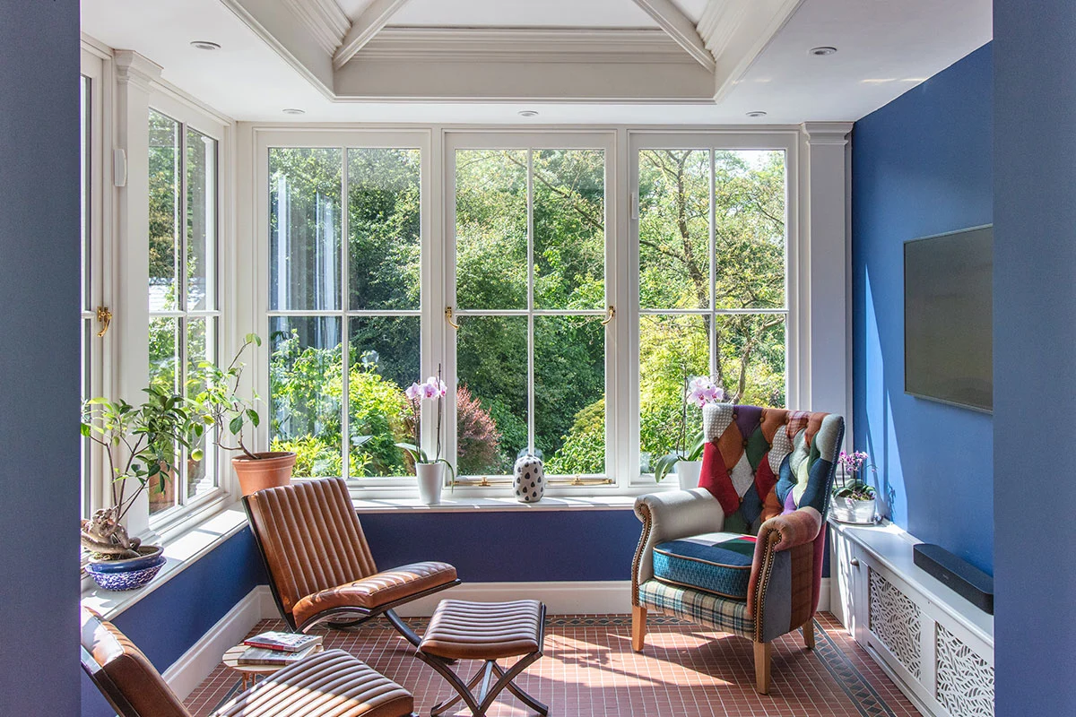 small solid roof orangery used for knitting and reading