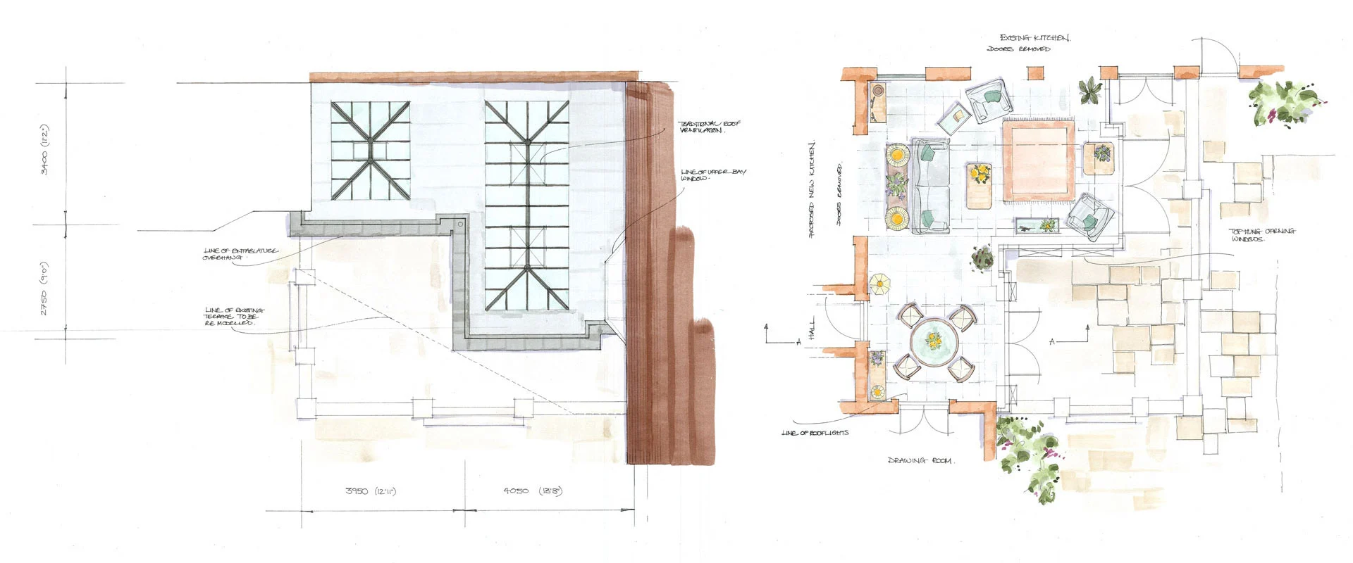 Watercolour drawing of the floorplan for this townhouse orangery
