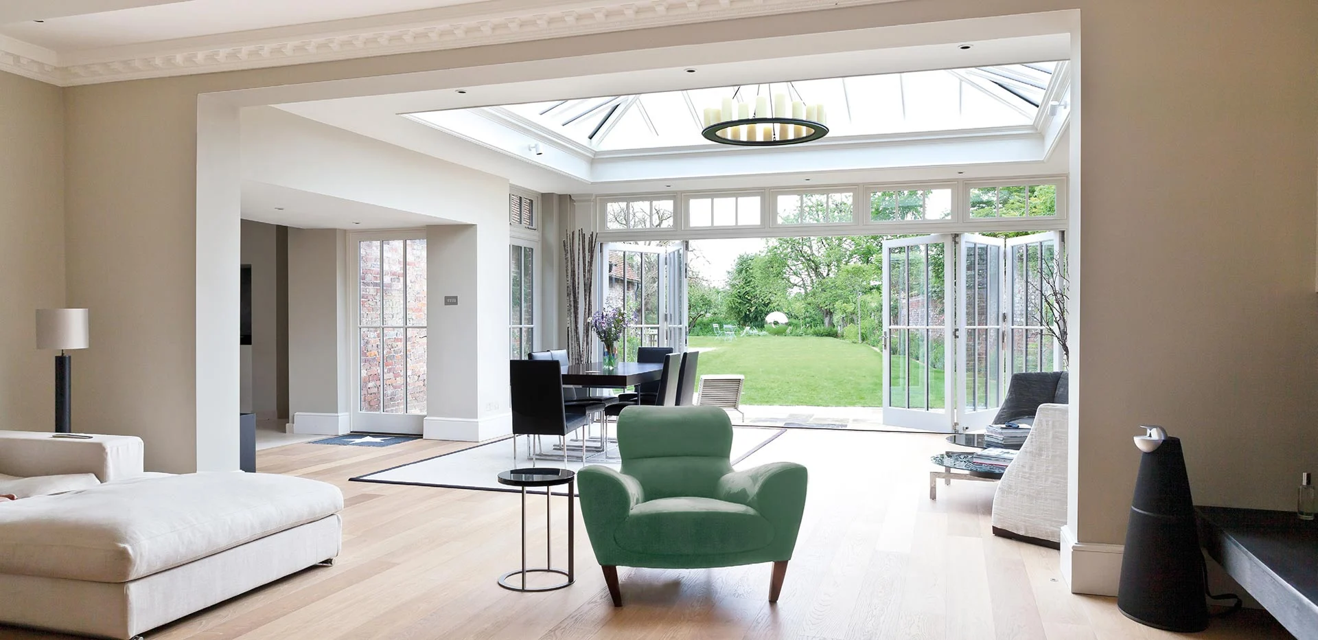 View of open plan orangery with open bifolding doors