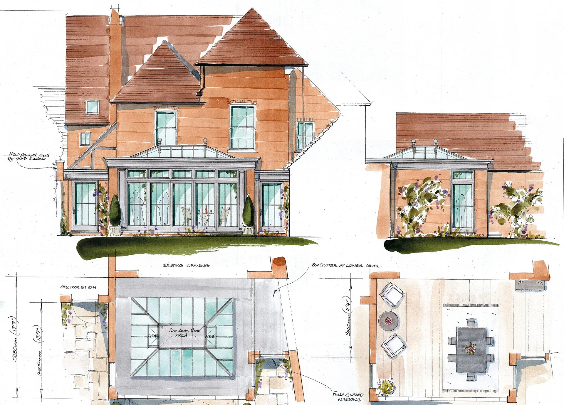 Watercolour and floorplan of orangery