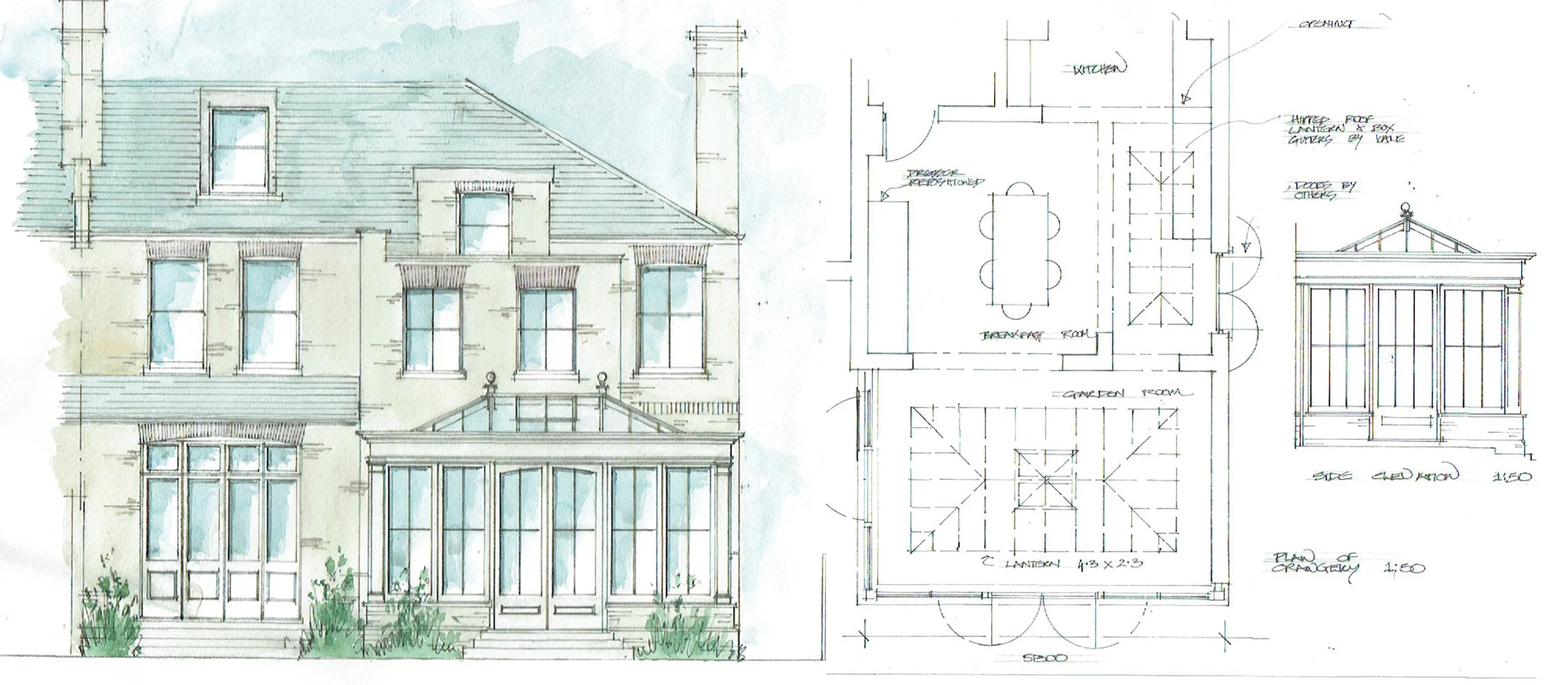 Conceptual watercolour drawing of an orangery