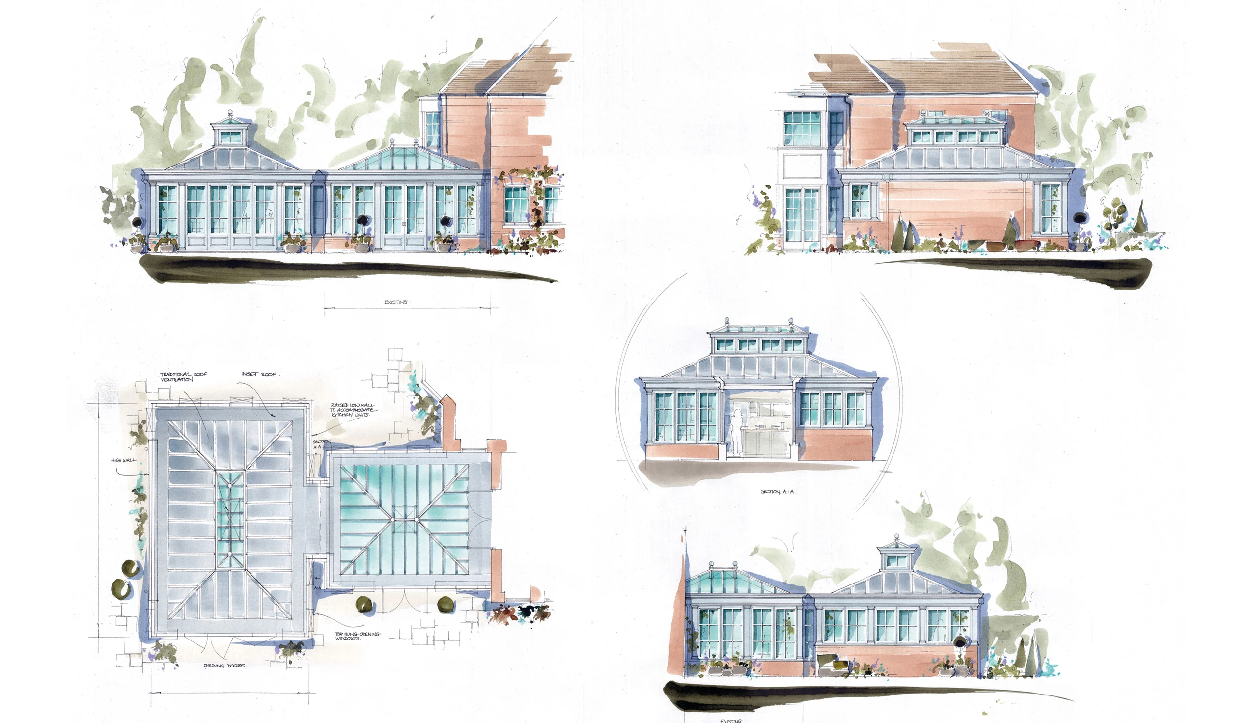 Conceptual watercolour drawing of an orangery