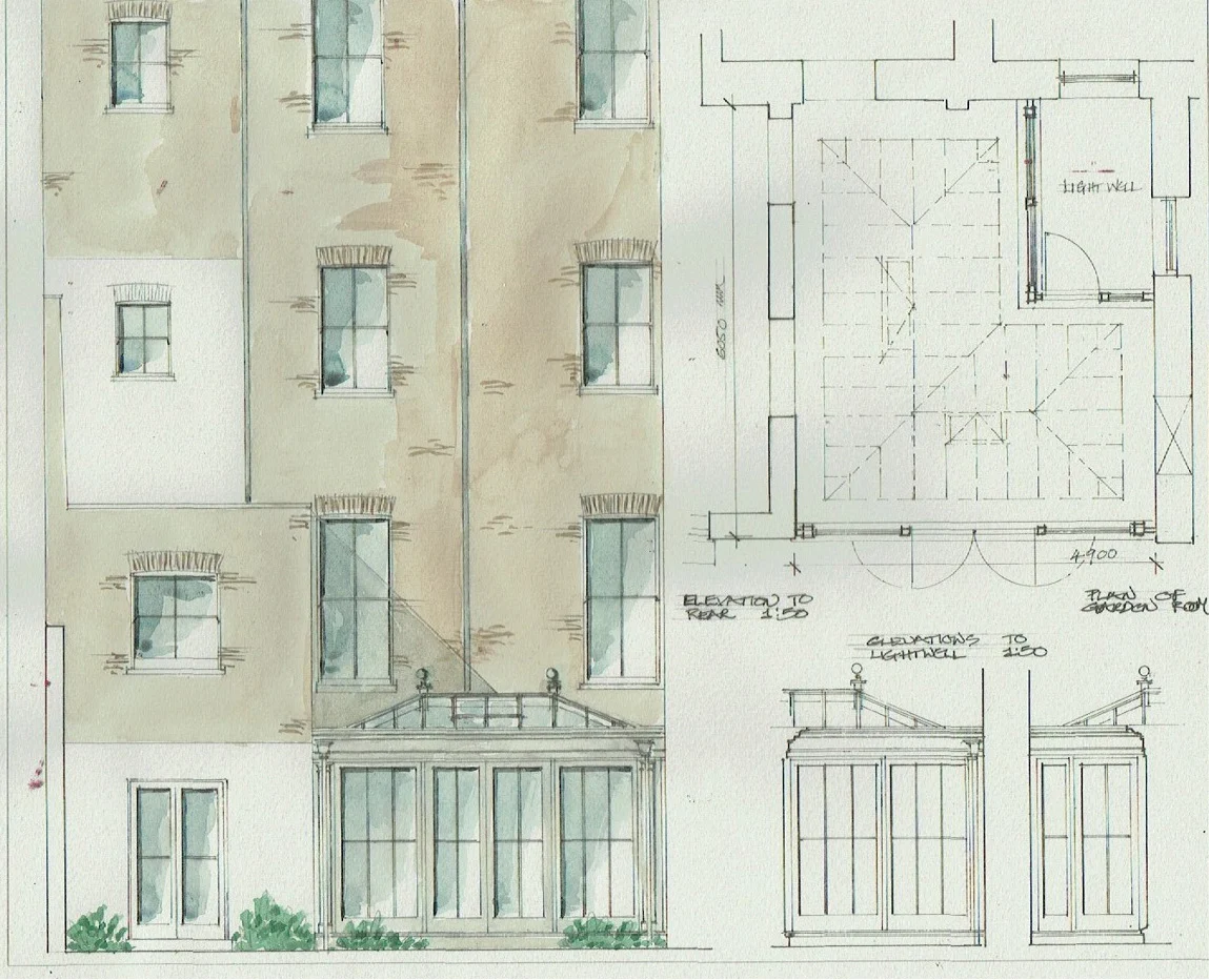 Conceptual watercolour drawing of an orangery