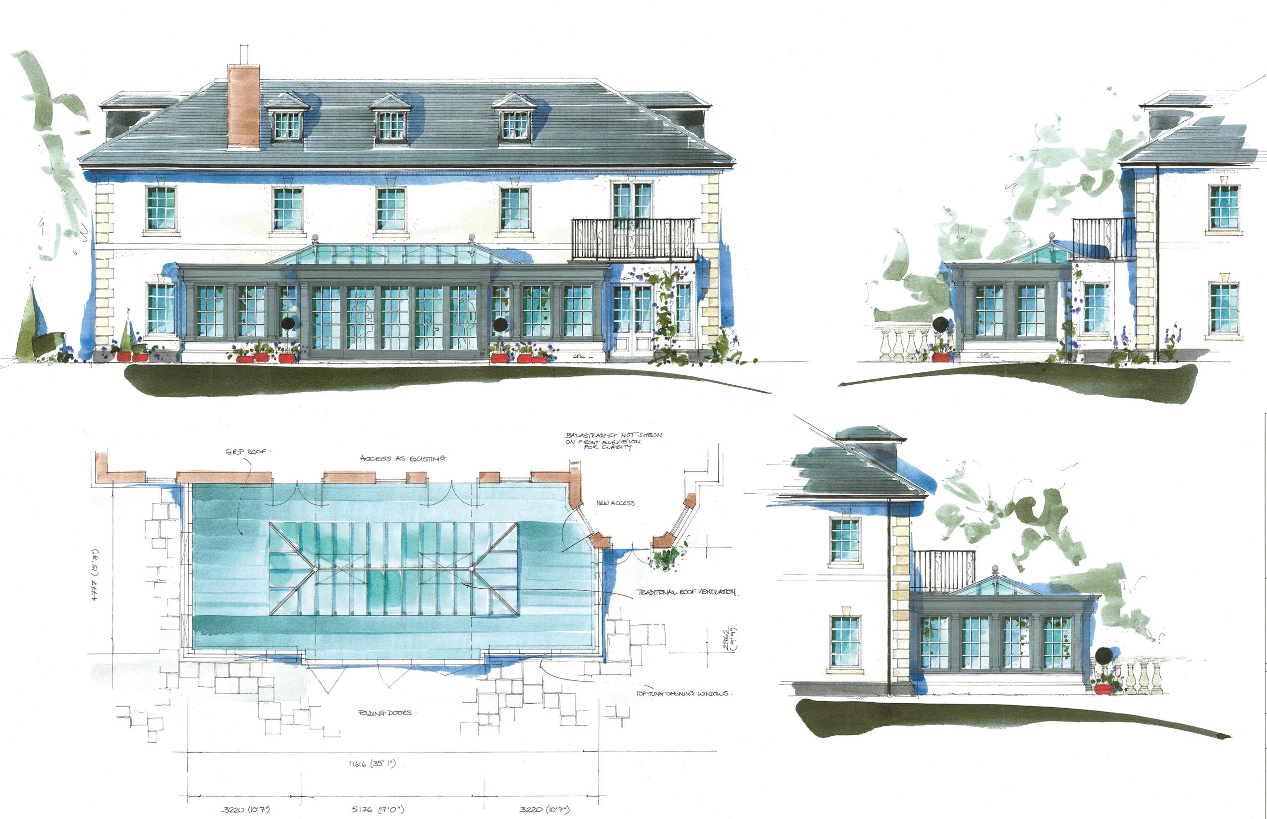 Conceptual watercolour drawing of an orangery