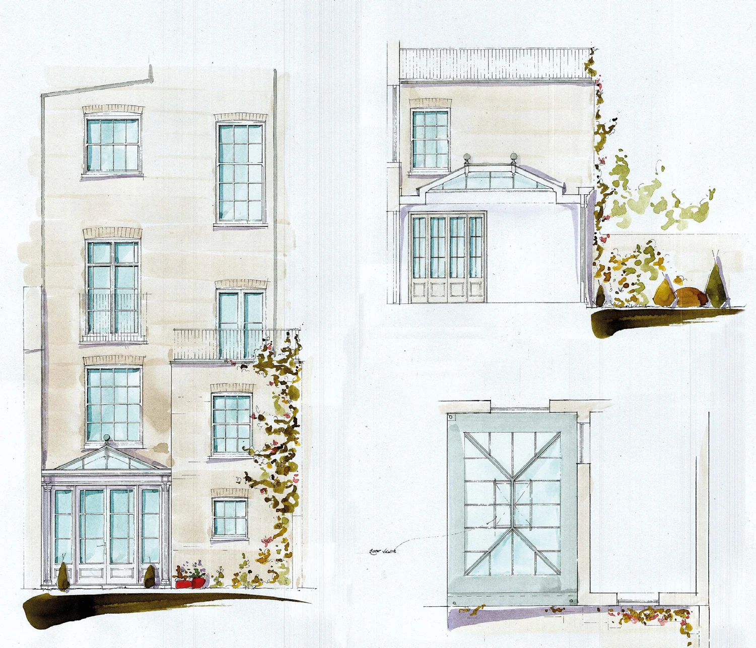 Conceptual watercolour drawing of an orangery