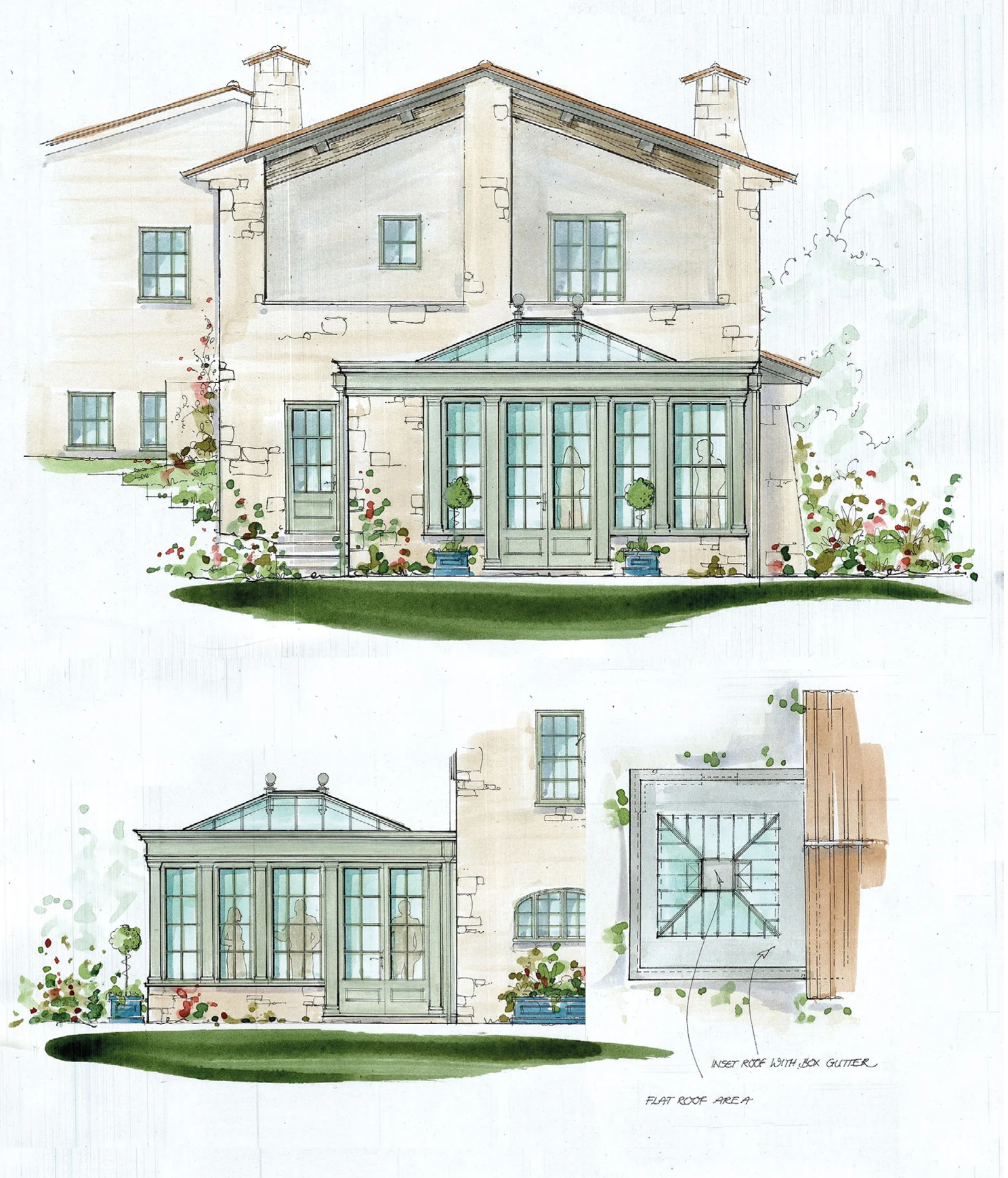 Conceptual watercolour drawing of an orangery