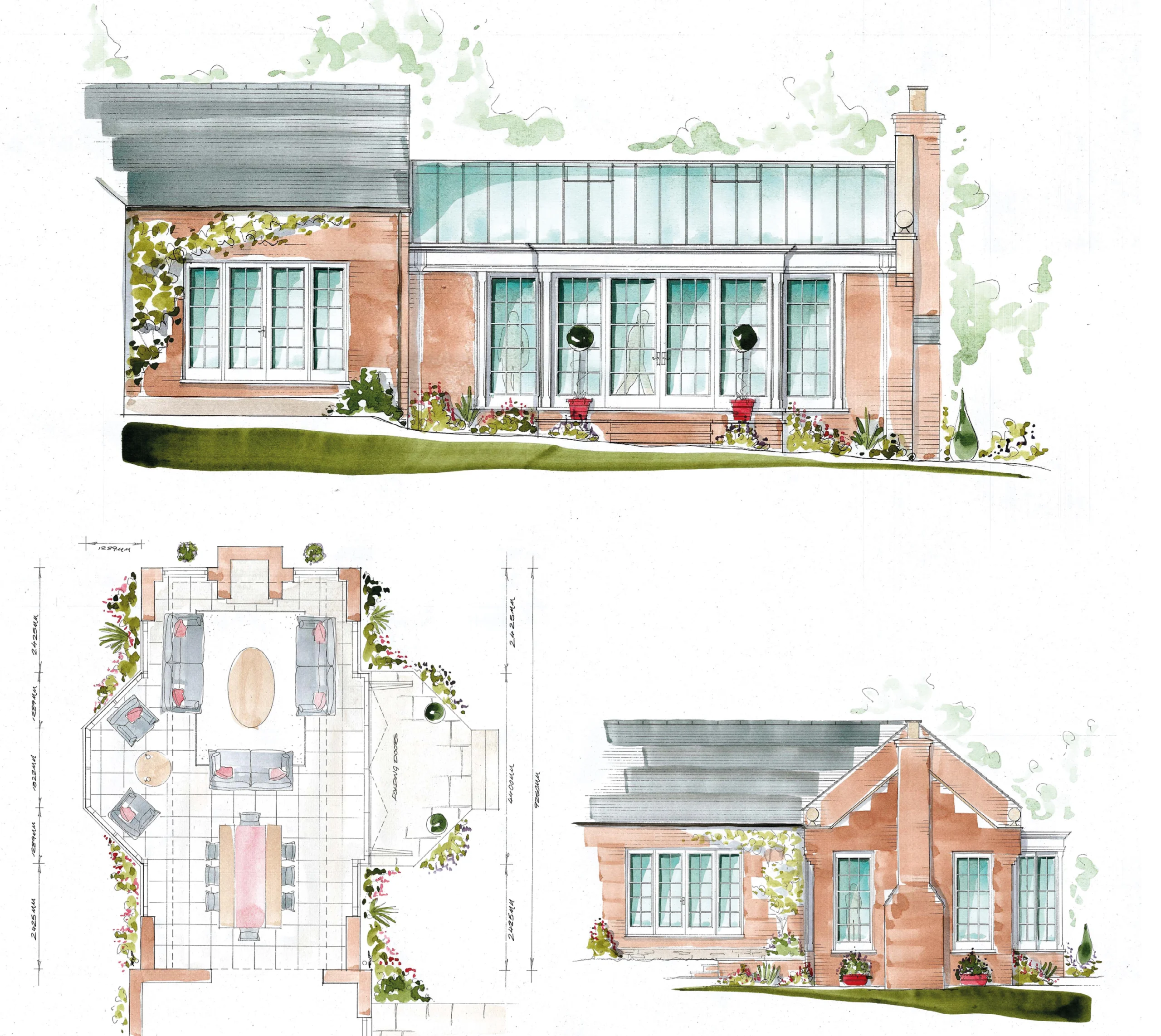 Conceptual watercolour drawing of an orangery