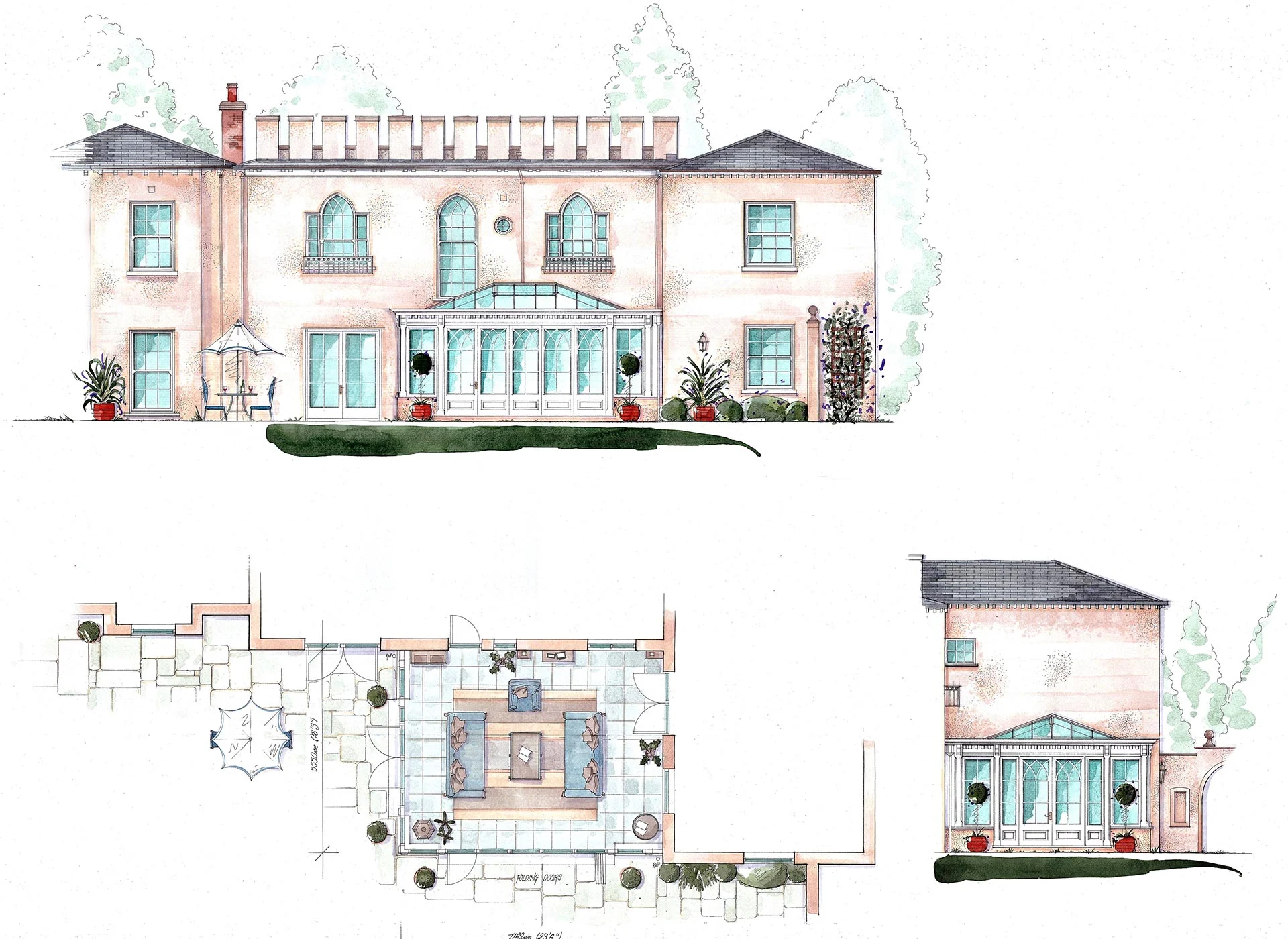Conceptual watercolour drawing of this Gothic arched orangery